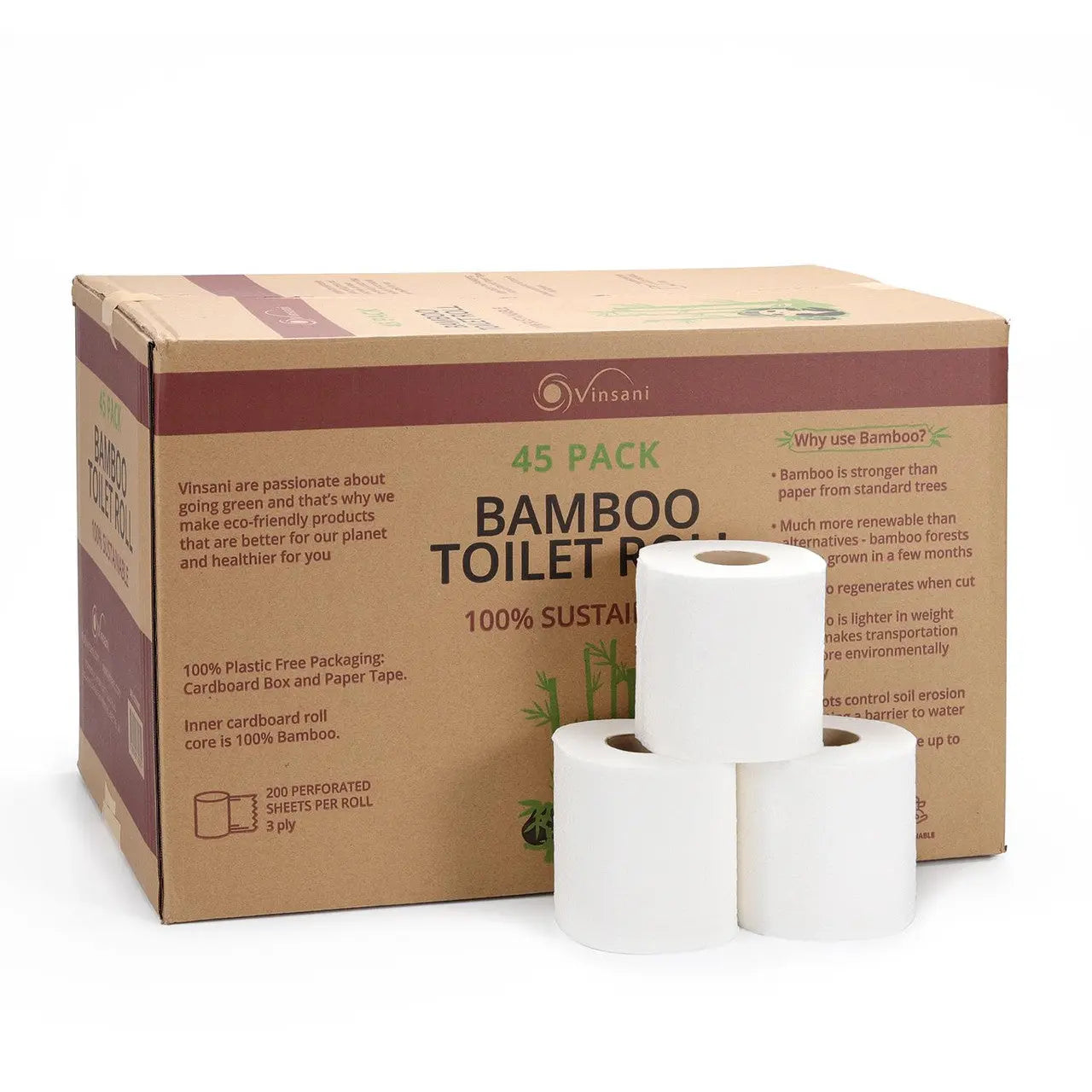 Bamboo Toilet Rolls - 3-Ply, Pack of 45, 9000 Sheets