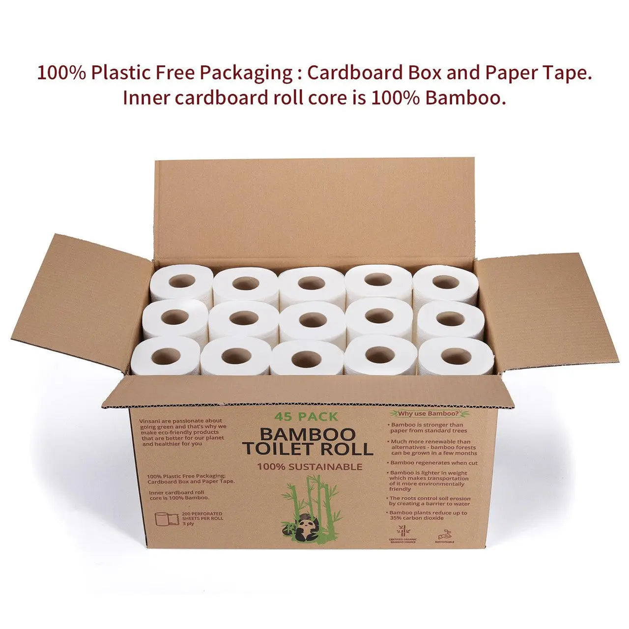Bamboo Toilet Rolls - 3-Ply, Pack of 45, 9000 Sheets