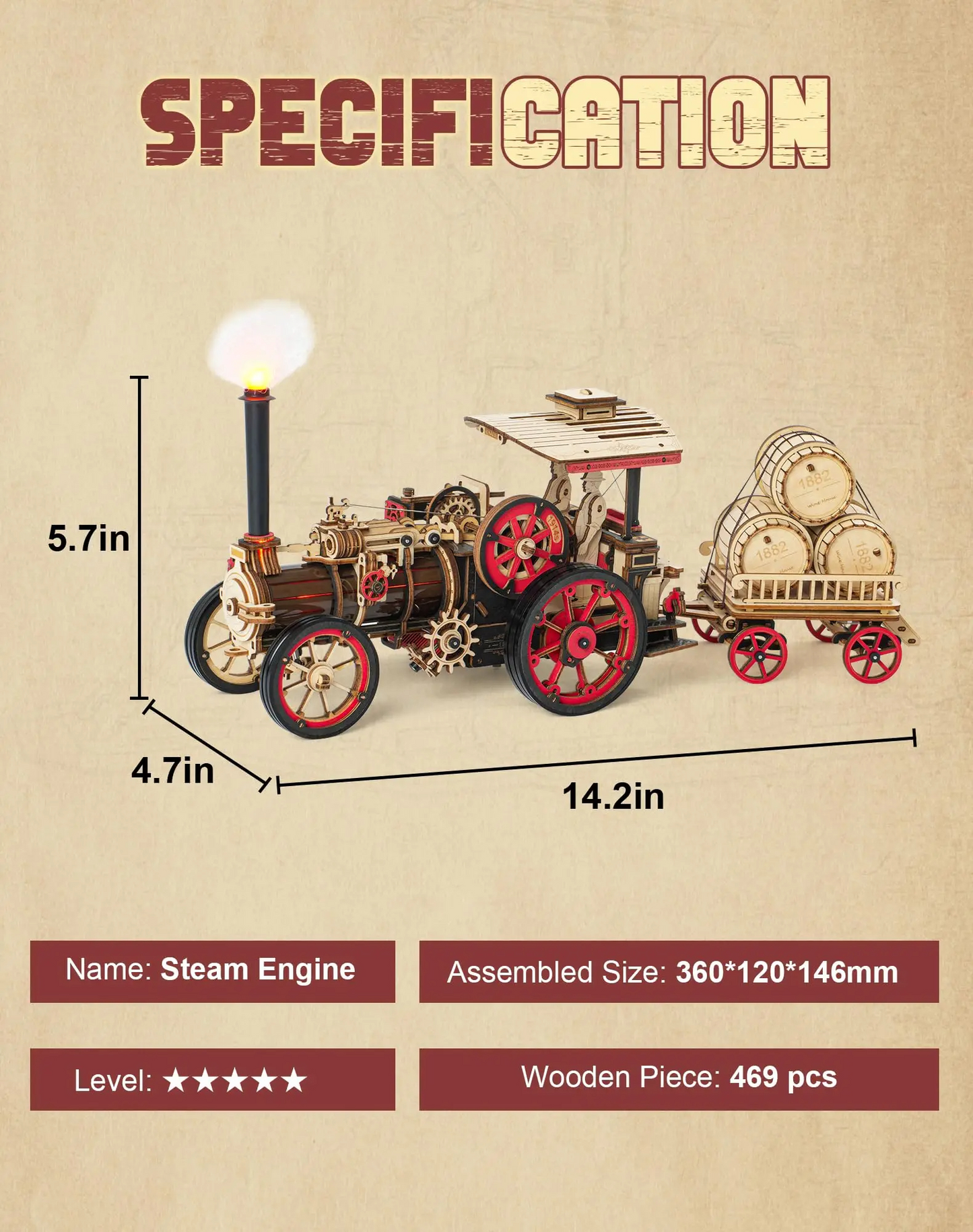 ROKR LKA01 Steam Engine Model 3D Wooden Puzzle Gift