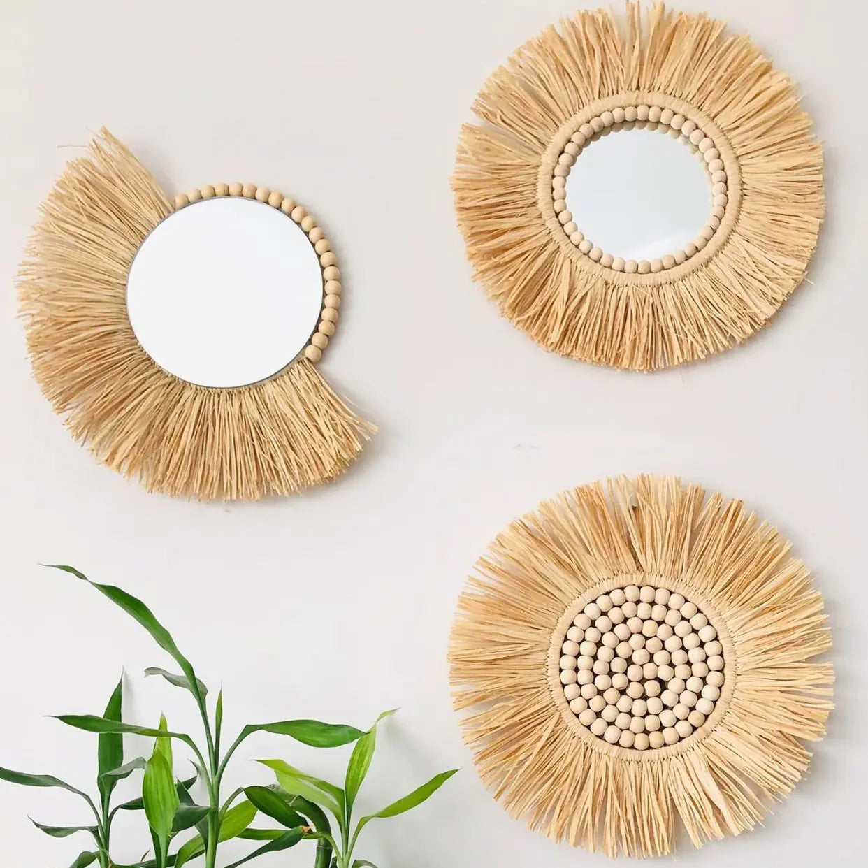 Moroccan Wooden Bead Woven Mirror Wall Décor