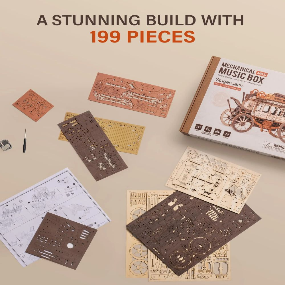 ROKR AMKA1 Stagecoach Music Box 3D Wooden Puzzle Gift Kit