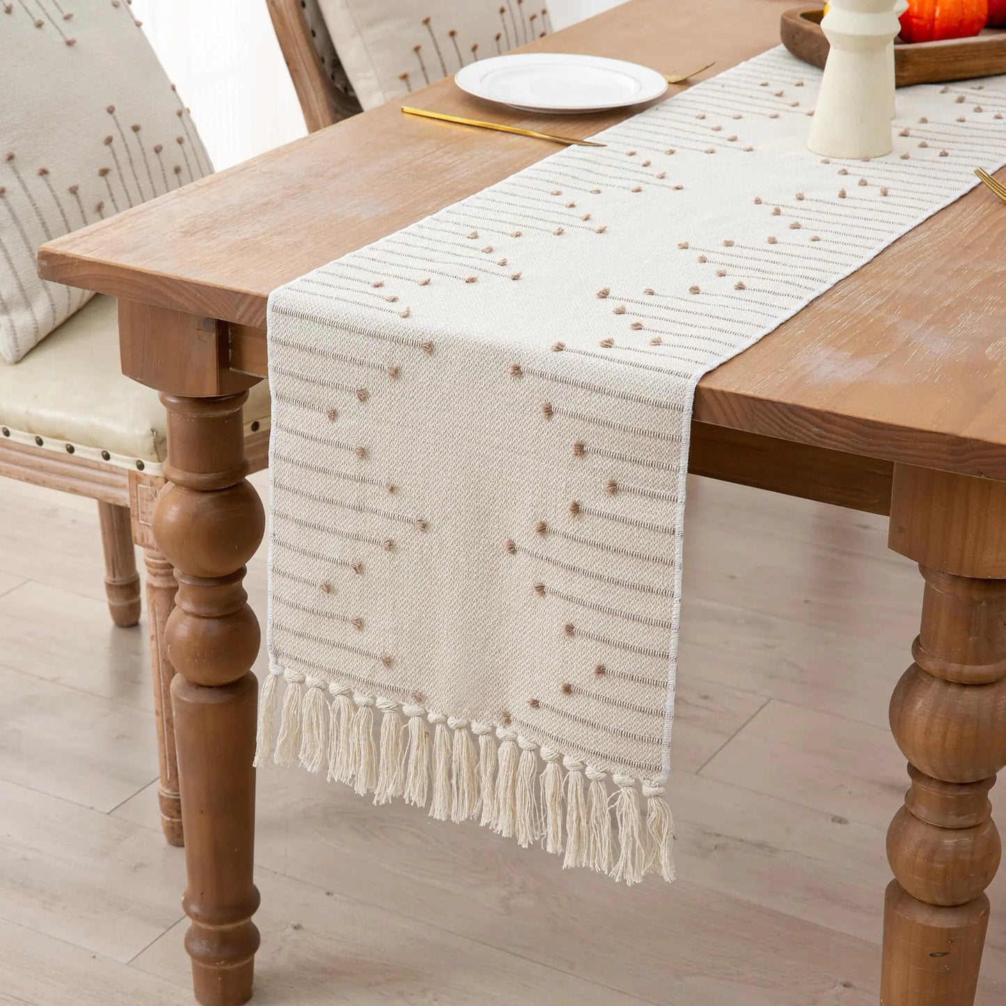 Zkanac Table Runner 60 Inches Long Boho Style with Handmade Tassels 70% Cotton & 30% Linen Modern Farmhouse Home Décor for Living Room (Beige Taupe 12x60 Inch)