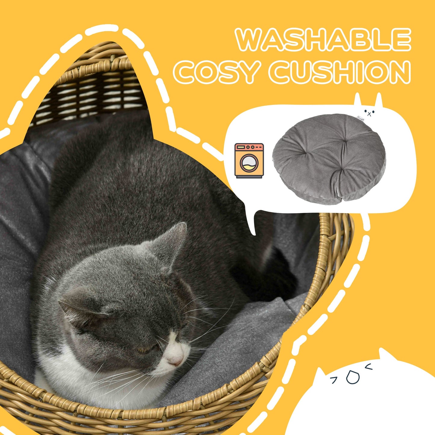 Wicker Cat House with Washable Cushion for Indoor Cats, Light Brown-3