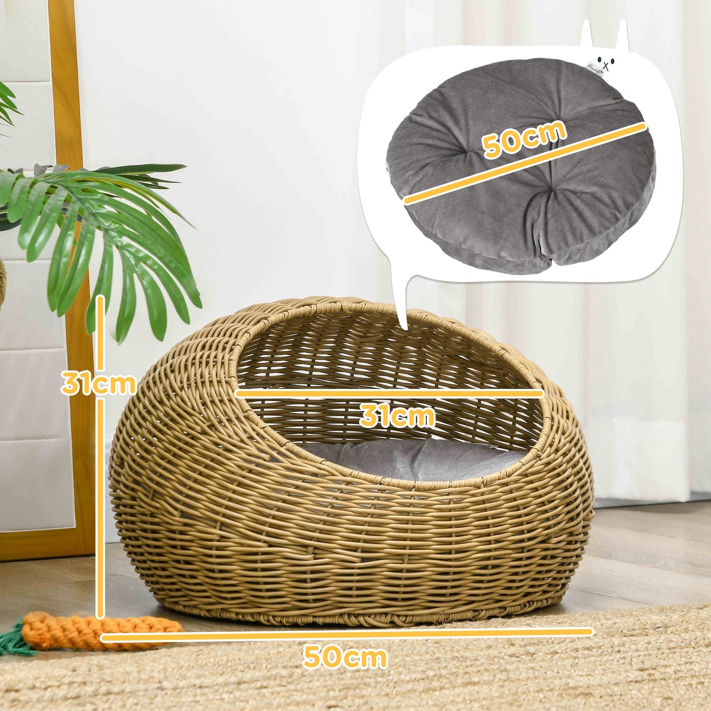 Wicker Cat House with Washable Cushion for Indoor Cats, Light Brown-2