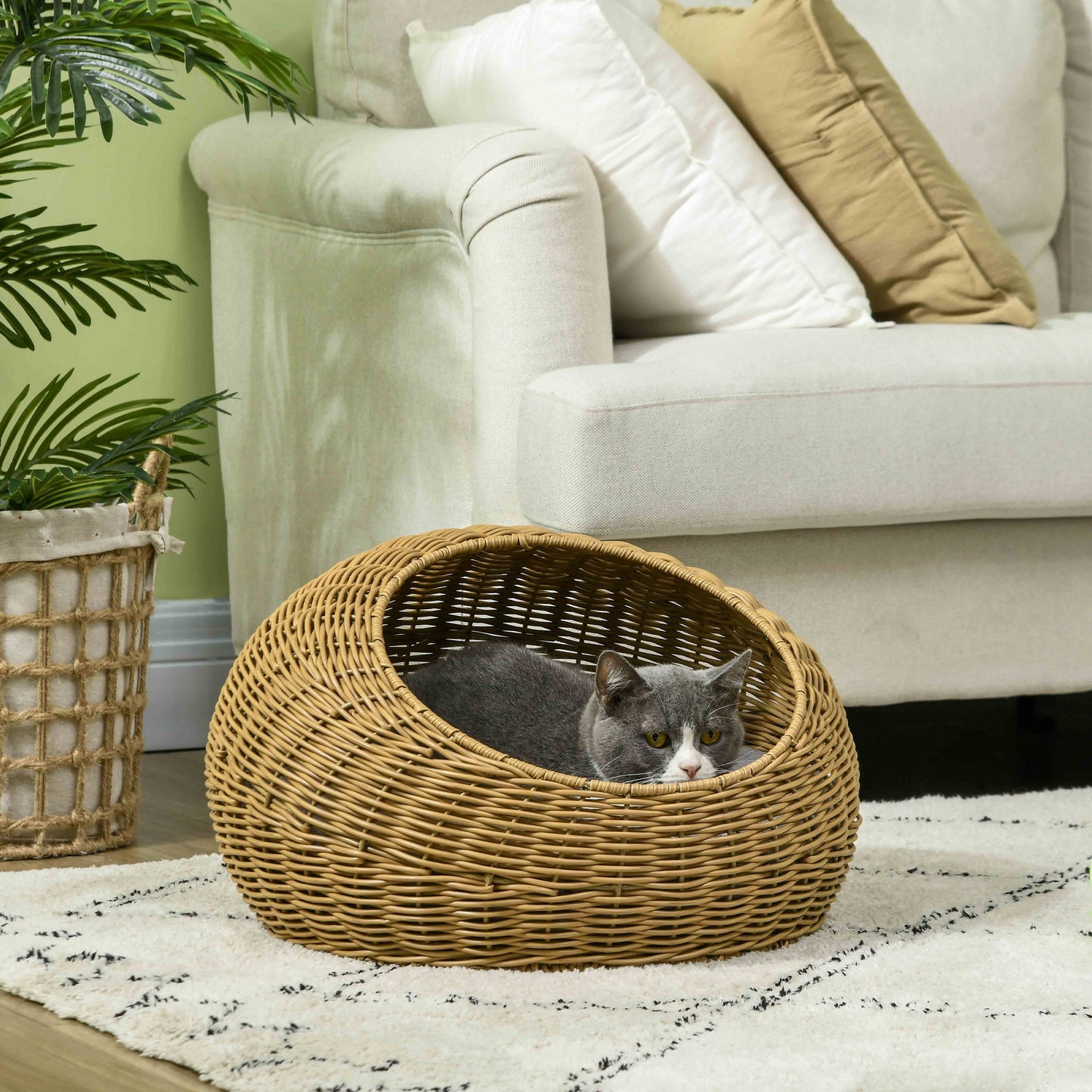 Wicker Cat House with Washable Cushion for Indoor Cats, Light Brown-1