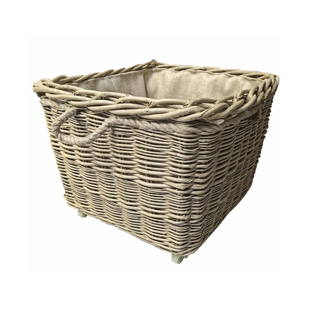 Square Hessian Lined Wheeled Log Basket-0