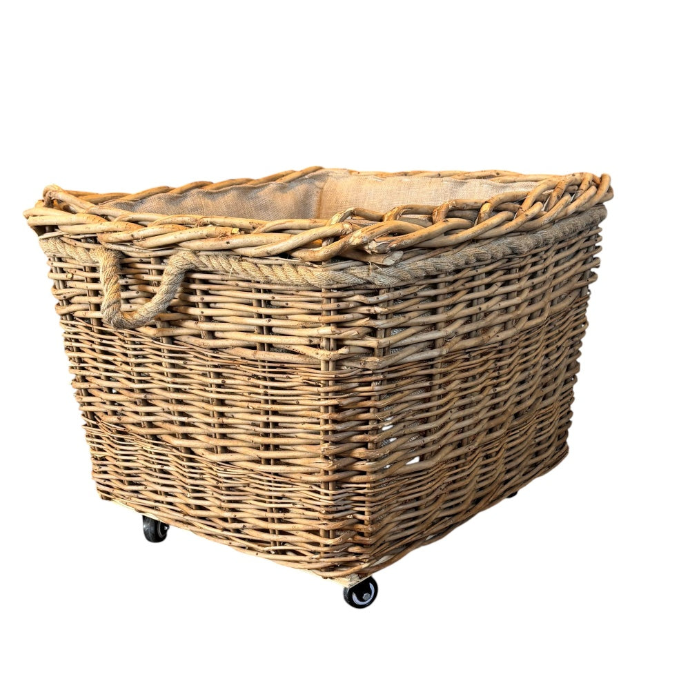 Square Hessian Lined Wheeled Log Basket-2