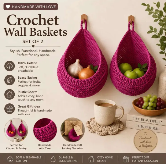 Handmade Crochet Wall Hanging Baskets Set of 2 | Cotton Storage Baskets