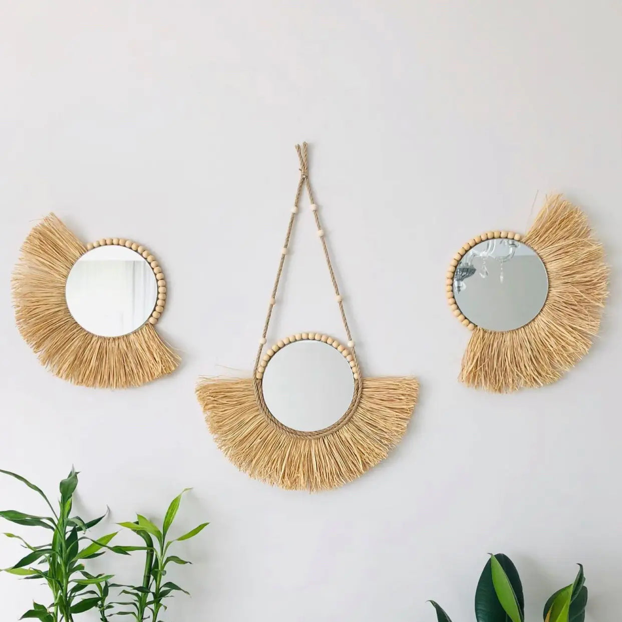 Moroccan Wooden Bead Woven Mirror Wall Décor