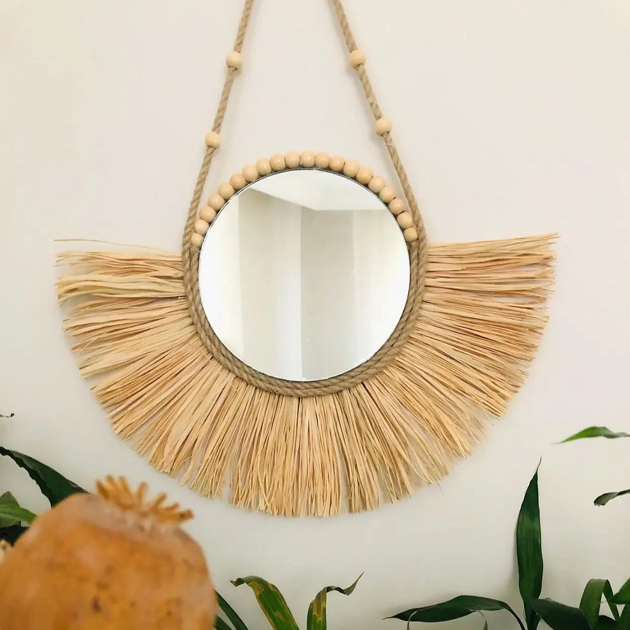 Moroccan Wooden Bead Woven Mirror Wall Décor