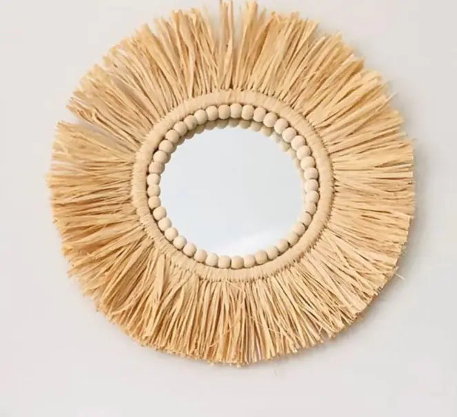 Moroccan Wooden Bead Woven Mirror Wall Décor