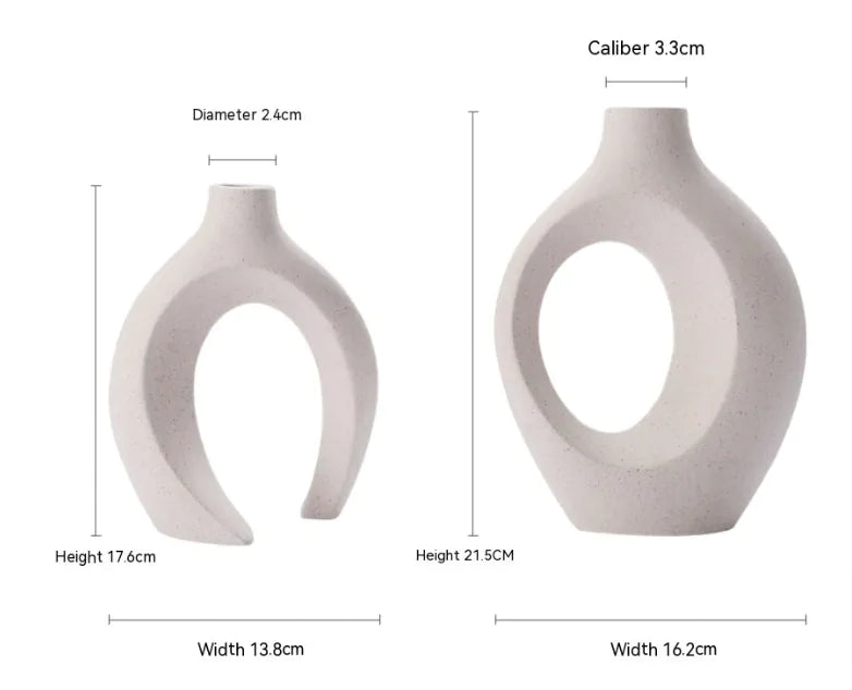 Gray ceramic vase with measurements on a white background