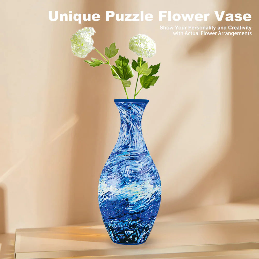 Blue puzzle flower vase with white flowers on a beige background