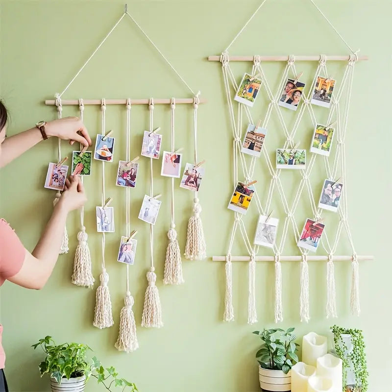 Woven Hanging Photo Display with Clips and Tassels