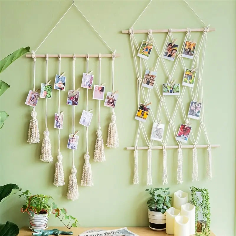 Woven Hanging Photo Display with Clips and Tassels