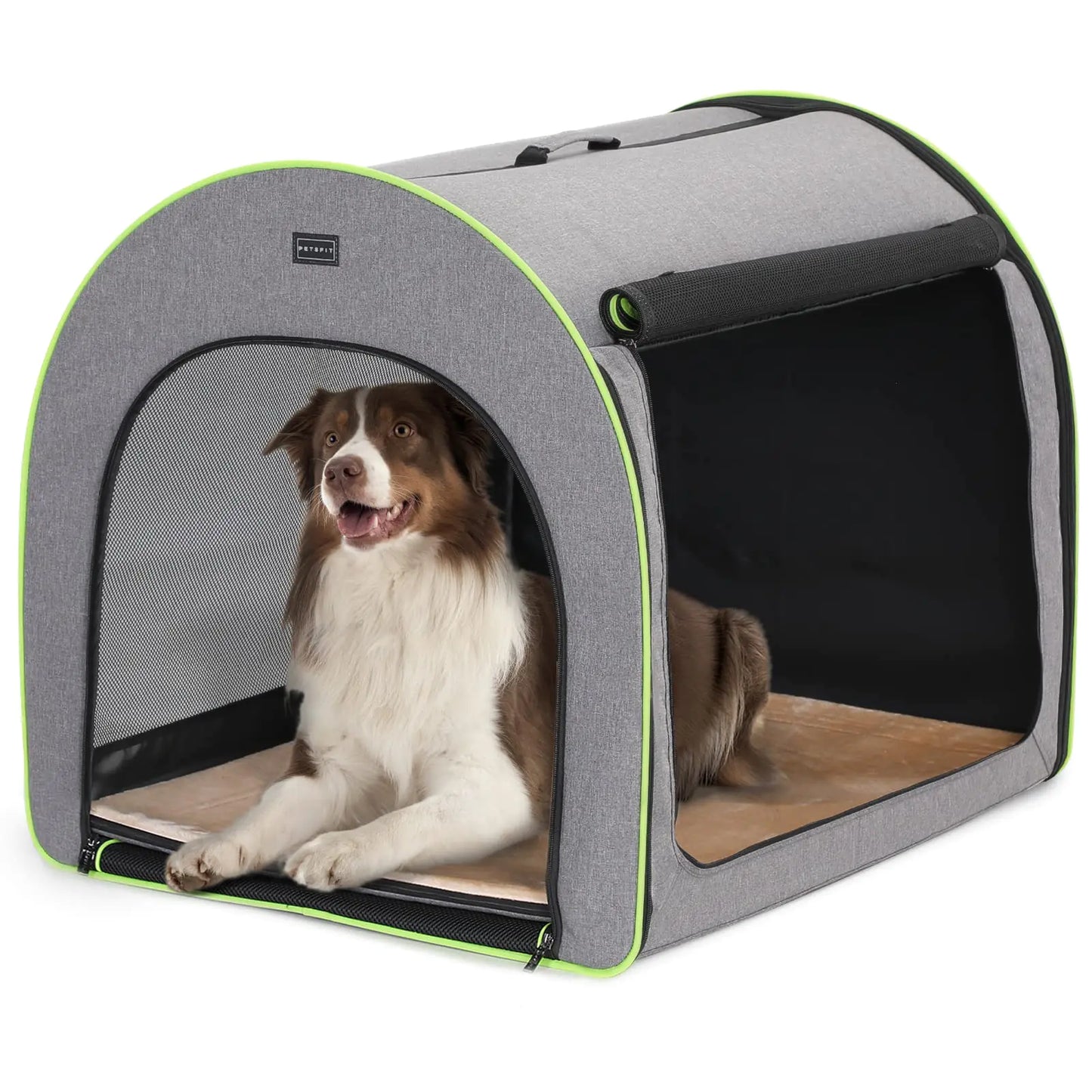 PETSFIT Collapsible Dog Crate Dog Crate Travel - 35.5 Inch Lightweight Roomy Easy to Set Up Portable Pop Up Dog Carrier with Thick Mat Sturdy Portable Dog Crate Grey