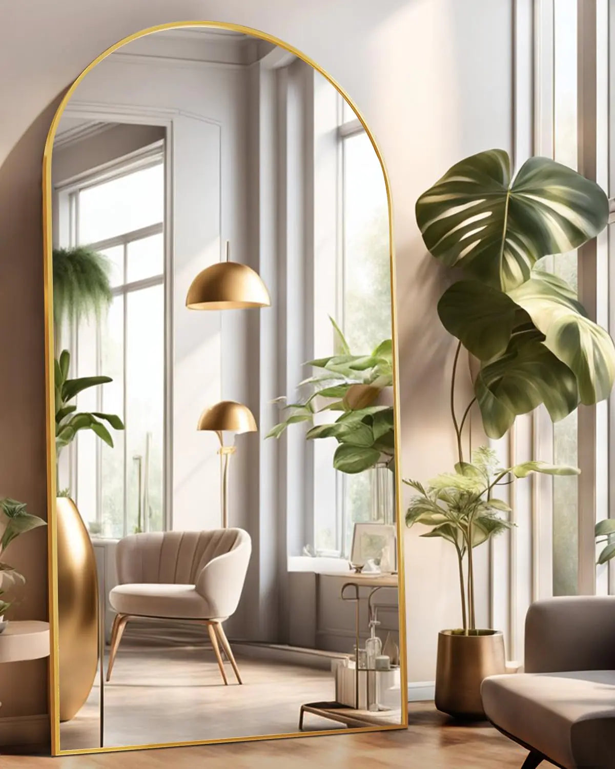 Oversized Full-Length Arched Floor Mirror 38"x77" with Stand or Wall-Mounted Mirror (Gold)