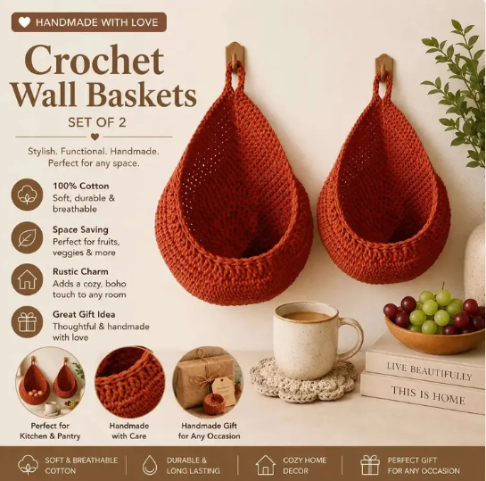 Handmade Crochet Wall Hanging Baskets Set of 2 | Cotton Storage Baskets