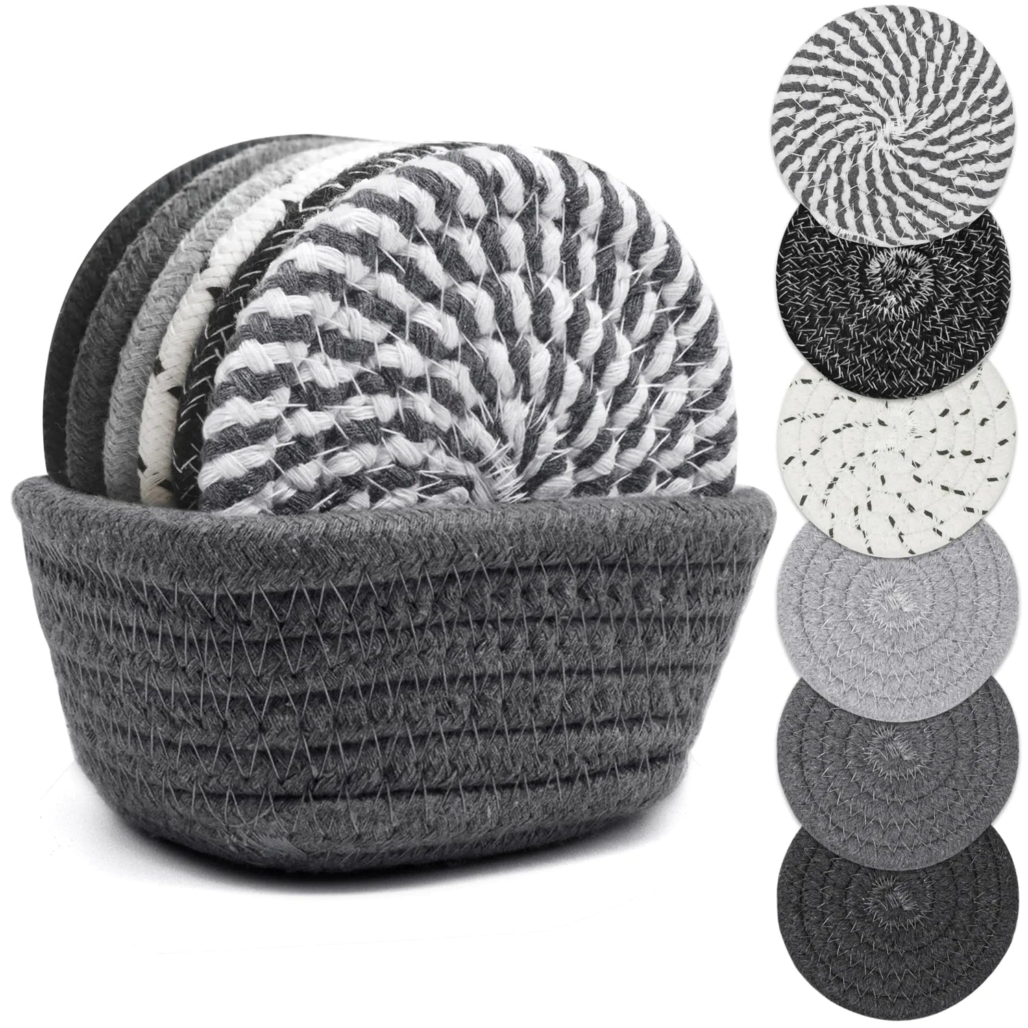 Set of gray and black coasters with a woven coaster holder on a white background.