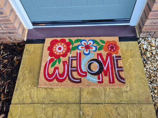 Doormat 60cm x 40cm - 'Welcome' (Flowers) - Absorbent Coir Mat for Indoor/Outdoor-0