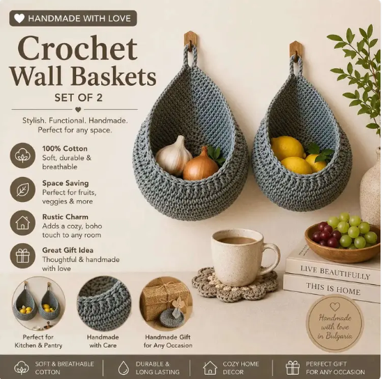 Handmade Crochet Wall Hanging Baskets Set of 2 | Cotton Storage Baskets