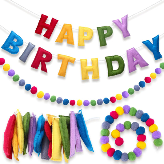 Mindsoft 2 Pcs 118 Inch Pre Strung Happy Birthday Felt Fabric Banner Felt Ball Garland Reusable Natural Handmade Felt Letters & Balls Happy Birthday Sign for Birthday Party Décor (Rainbow Colour)