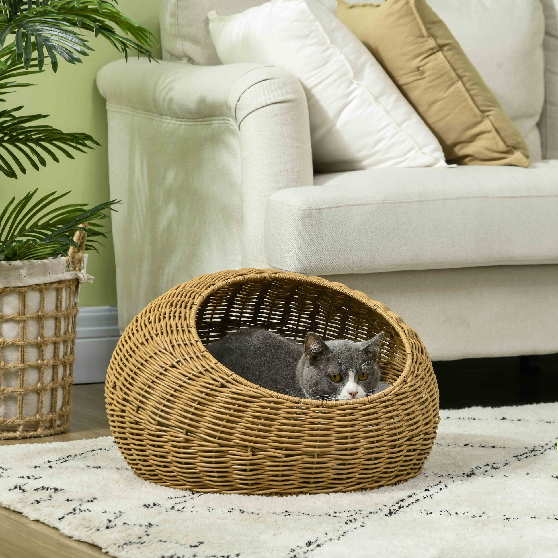 Wicker Cat House with Washable Cushion for Indoor Cats, Light Brown-1