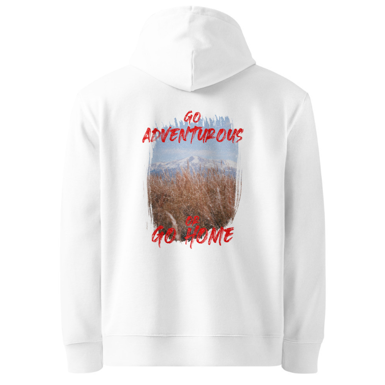 ‘Go Adventurous or Go Home’ Unisex Organic Cotton Hoodie – Mountain Grassland Design