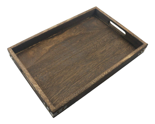 Wooden tray with handles on a white background