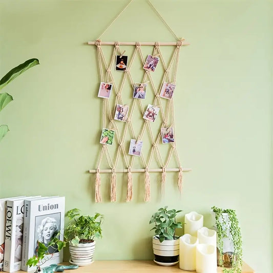 Woven Hanging Photo Display with Clips and Tassels