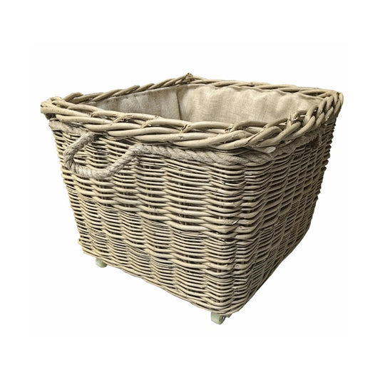 Square Hessian Lined Wheeled Log Basket-0