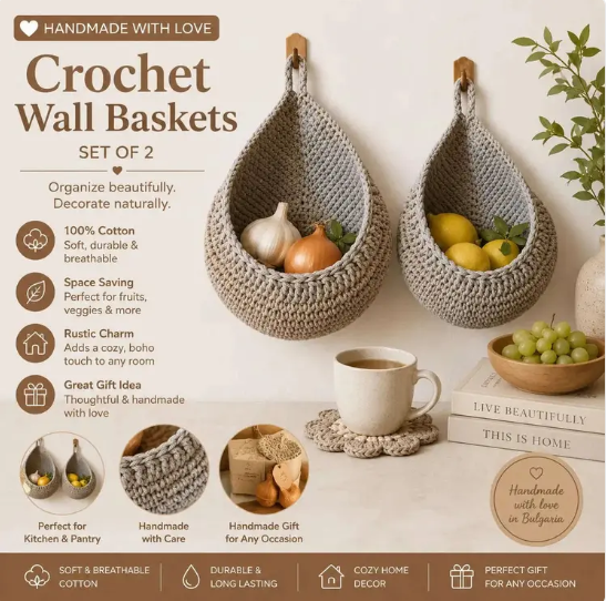 Handmade Crochet Wall Hanging Baskets Set of 2 | Cotton Storage Baskets