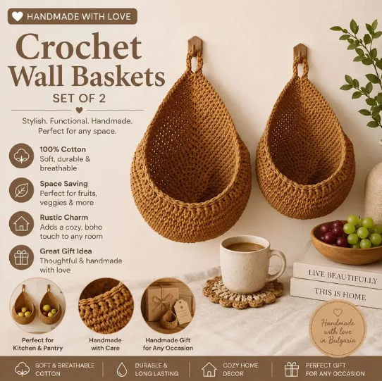 Handmade Crochet Wall Hanging Baskets Set of 2 | Cotton Storage Baskets