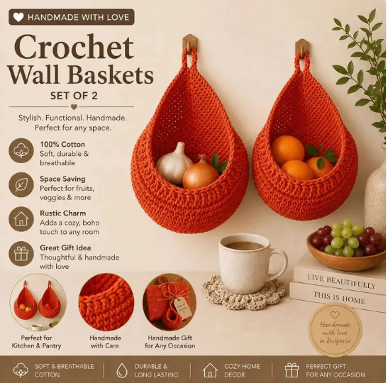 Handmade Crochet Wall Hanging Baskets Set of 2 | Cotton Storage Baskets