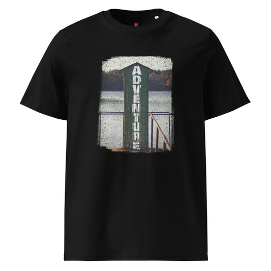 ‘Adventure’ Unisex Organic Cotton T-Shirt – Lake & Mountain Grassland Design