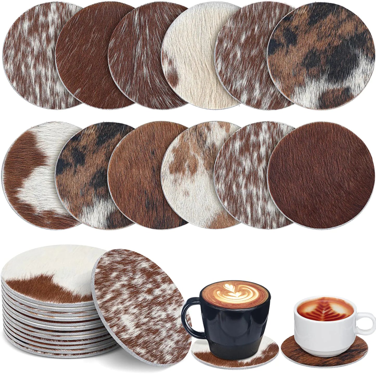Set of cowhide pattern coasters with a cup of coffee and a mug on a white background