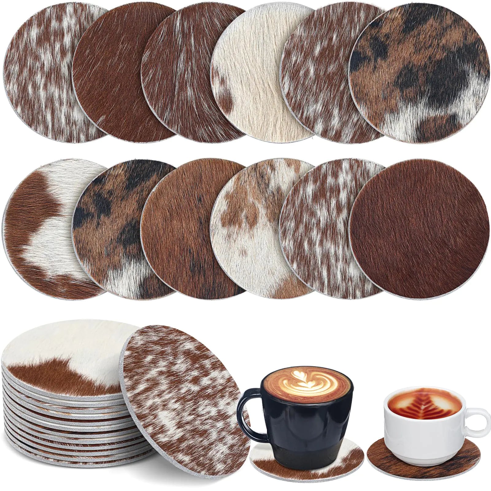 Set of cowhide pattern coasters with a cup of coffee and a mug on a white background