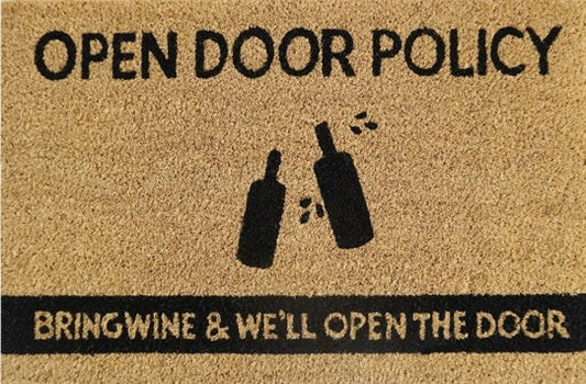 Doormat 60cm x 40cm - 'Open Door Policy Bring Wine & We'll Open The Door' - Absorbent Coir Mat for Indoor/Outdoor-0
