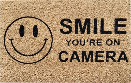 Doormat 60cm x 40cm - 'Smile You're On Camera' - Absorbent Coir Mat for Indoor/Outdoor-0