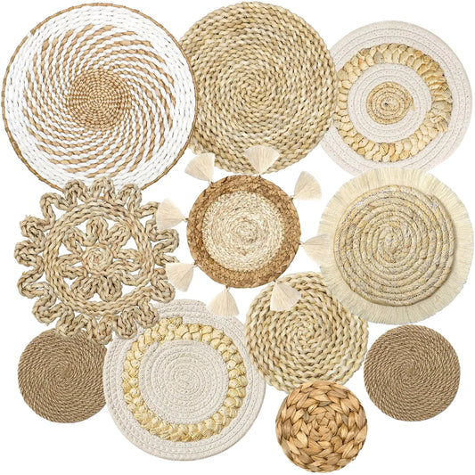 LOMOHOO Set of 11 Boho Wall Basket Décor Wicker Woven Wall Basket Decorations Bohemian Handcrafted Round Basket Hanging Décor Bulrush Wall Art Décors for Living Room Rustic Home
