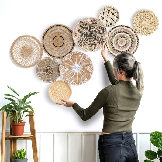 Artisire Boho Wall Basket Décor - Set of 9 Woven Wall Baskets for Unique Home Décor Round Decorative Hanging Boho Wall Art - Handmade Wicker Basket Wall Décor Set