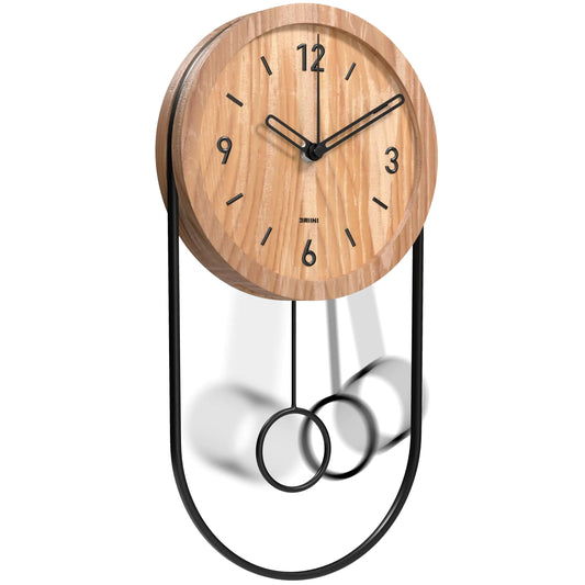 Driini Minimalist Pendulum Wall Clock - Light Wood & Black Metal