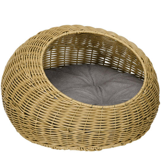 Wicker Cat House with Washable Cushion for Indoor Cats, Light Brown-0