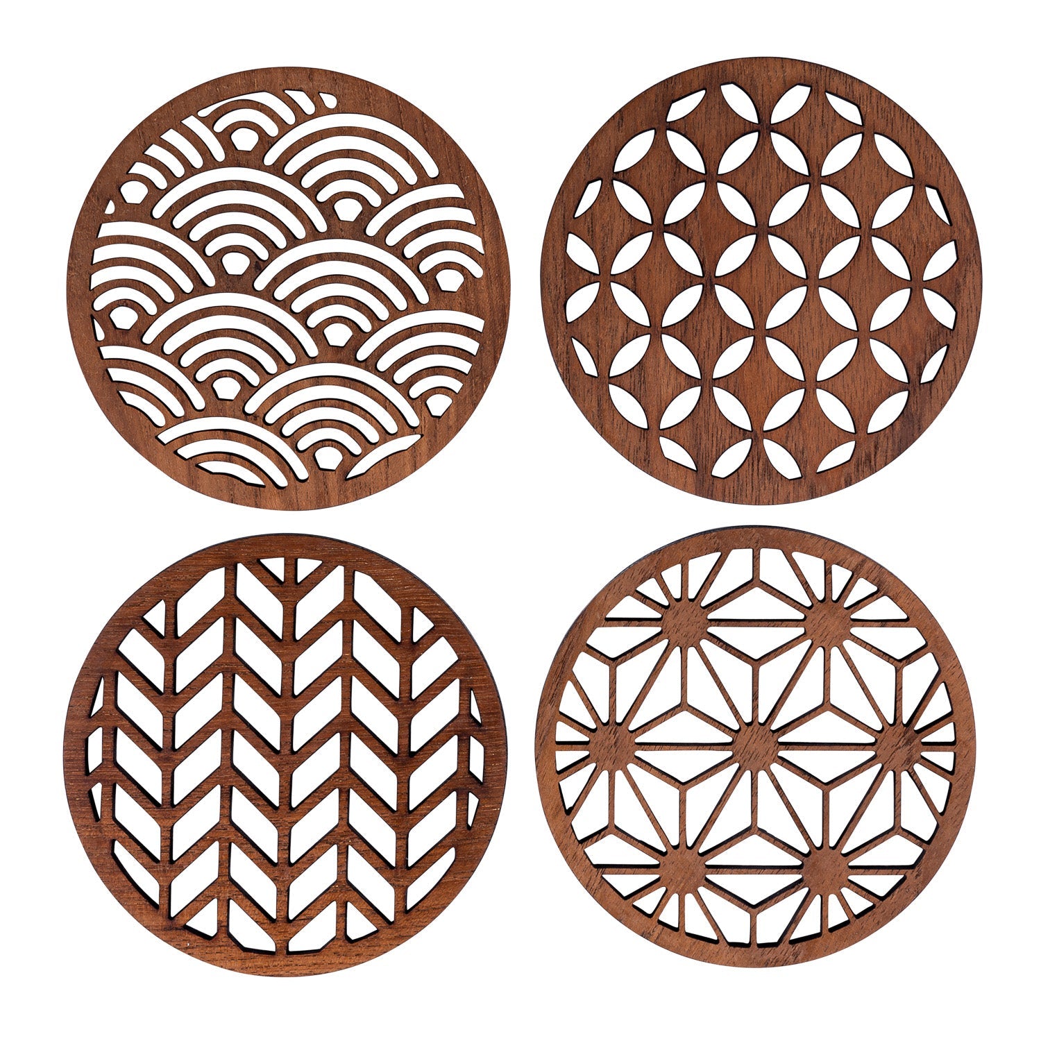 Japanese Patterns Upcycled Teak Wood Coasters - Individual / Set of 4-0