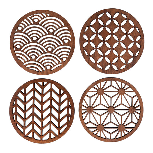 Japanese Patterns Upcycled Teak Wood Coasters - Individual / Set of 4-0