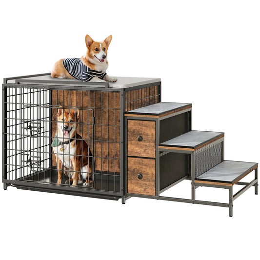 Rustic Dual-Level Dog Crate with Storage