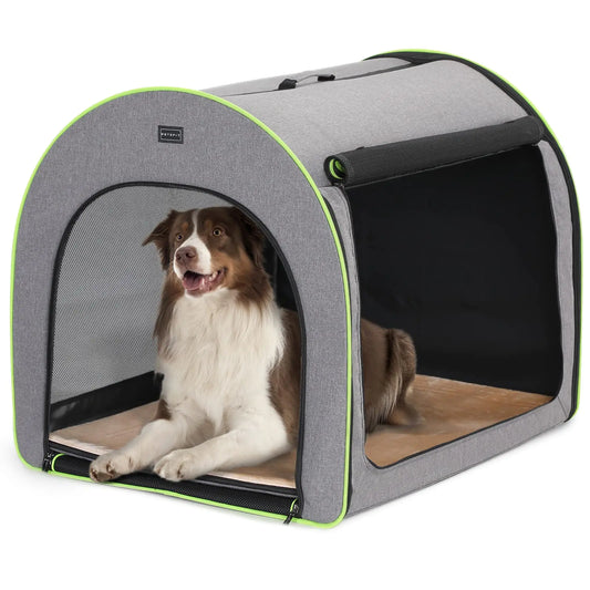 PETSFIT Collapsible Dog Crate Dog Crate Travel - 35.5 Inch Lightweight Roomy Easy to Set Up Portable Pop Up Dog Carrier with Thick Mat Sturdy Portable Dog Crate Grey