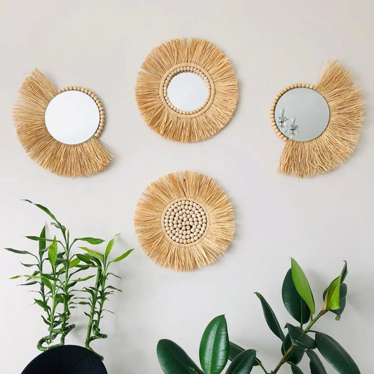 Moroccan Wooden Bead Woven Mirror Wall Décor