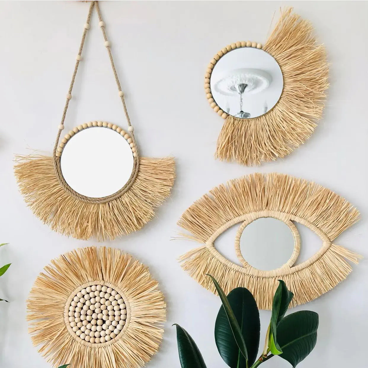 Moroccan Wooden Bead Woven Mirror Wall Décor